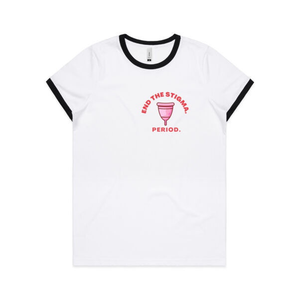 End period stigma - menstrual cup small logo - Womens Ringer Tee Thumbnail