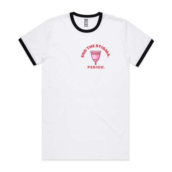 End period stigma - menstrual cup small logo - Mens Ringer Tee Thumbnail